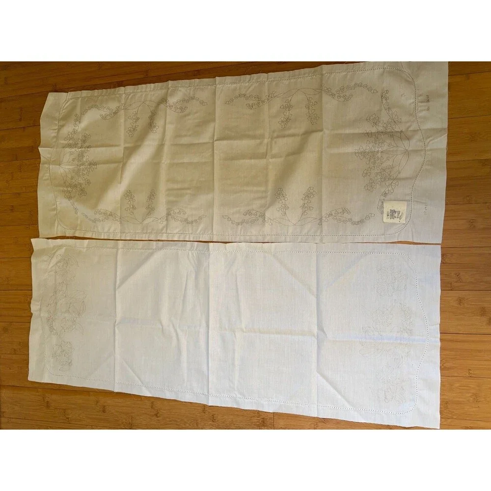 Vintage Herrschners Embroidered Table Runner Set 2 Lilies Bird Nest 17x42